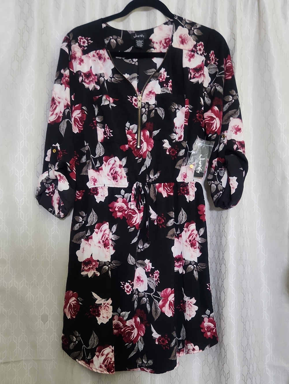 Justify Black Floral Mini Dress with Pink Rose Print